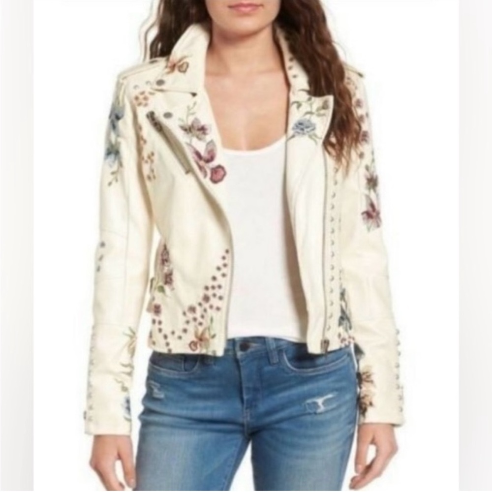 Blank NYC Midsummer Dream White Leather Floral Embroidered Moto Jacket
